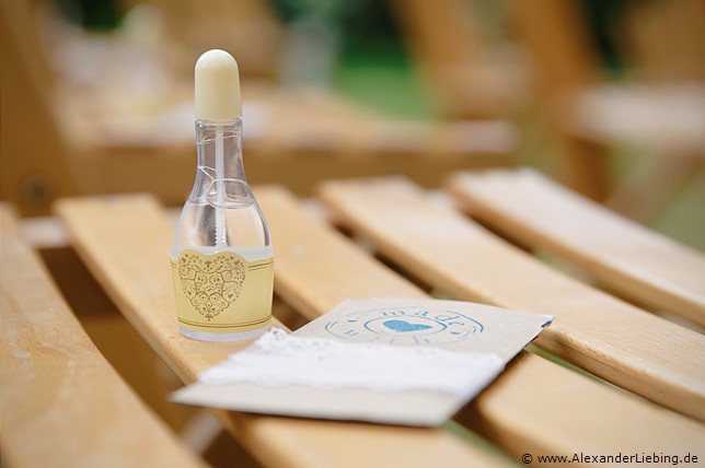 Hochzeit - kurz vor der Trauung Hochzeitsfotograf Eventschloss Schönfeld - Seifenblasen und Taschentücher für die Gäste