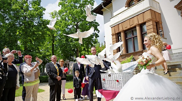 Hochzeit - Begrüßung, Sektempfang und Spielereien Hochzeitsfotograf Standesamt Magdeburg / Gartenhaus im Stadtpark - hoch in die Lüfte