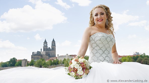 Hochzeitsfotograf Standesamt Magdeburg / Gartenhaus im Stadtpark - Braut mit Magdeburger Dom im Hintergrund