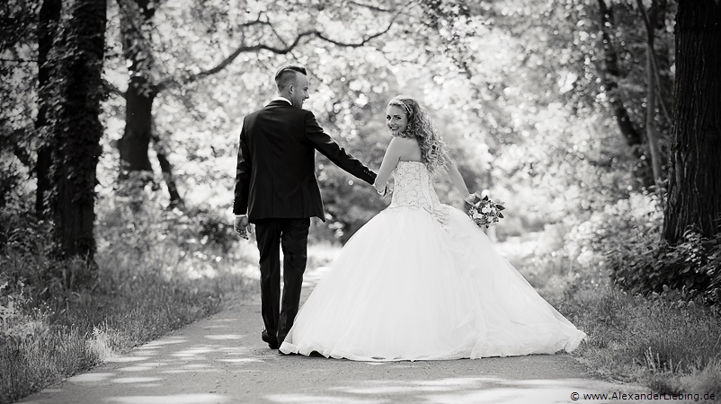 Hochzeit - Brautpaar Hochzeitsfotograf Standesamt Magdeburg / Gartenhaus im Stadtpark - Brautpaar spaziert im Stadtpark