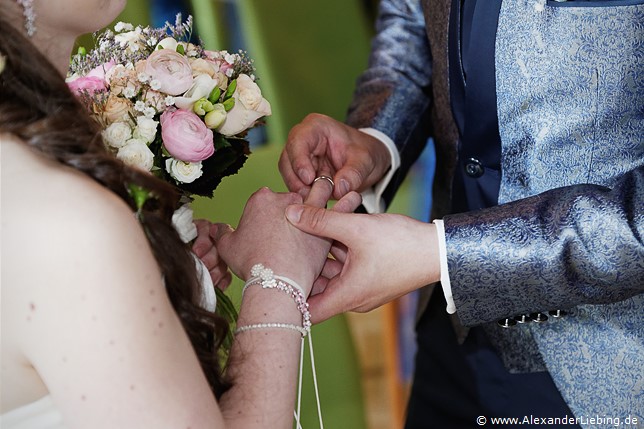 Hochzeitsfotograf Standesamt Magdeburg / Elbelandhaus - Bräutigam steckt Braut den Ring an