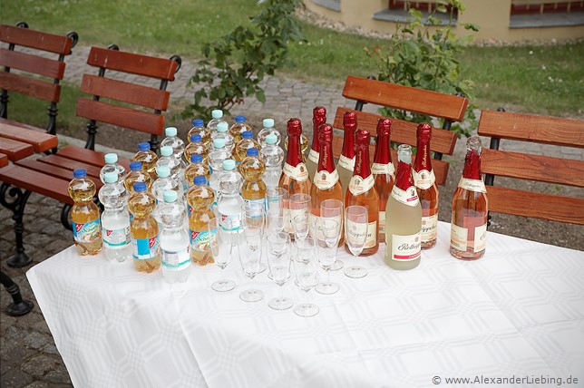 Hochzeit - Begrüßung, Sektempfang und Spielereien Hochzeitsfotograf Standesamt Barleben / Robinien-Hof Gommern - ein bunt gemischter Getränketisch zum anschließenden Sektempfang
