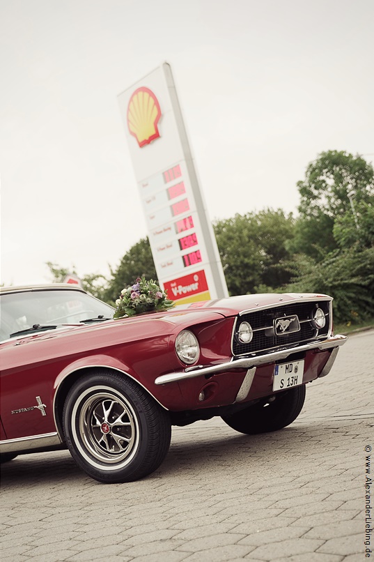 Hochzeit - Brautpaar Hochzeitsfotograf Standesamt Barleben / Robinien-Hof Gommern - Hochzeits-Auto mal anders: der rote Ford Mustang bei leichten Nieselregen mit Zwischenstop zum Verdeck schließen