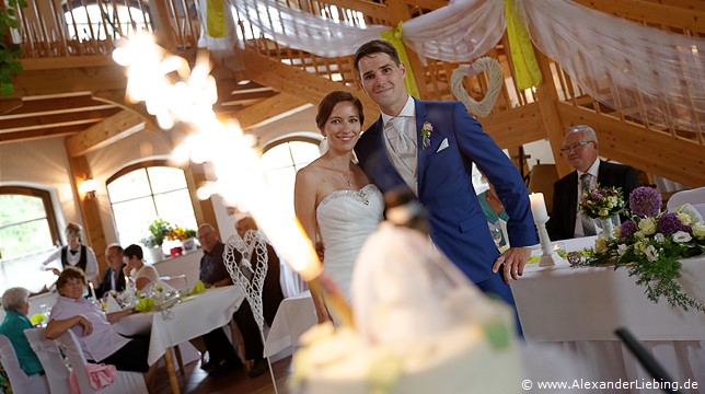 Hochzeitsfotograf Standesamt Barleben / Robinien-Hof Gommern - freudig blickt das brautpaar auf die süße Versuchung: die Hochzeitstorte mit Feuerwerk