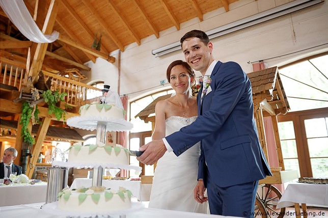 Hochzeitsfotograf Standesamt Barleben / Robinien-Hof Gommern - weit verbreitet wird die Hochzeitstorte mit Feuerwerk Nachmittags bereits angeschnitten