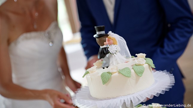 Hochzeit - Kaffee und Kuchen Hochzeitsfotograf Standesamt Barleben / Robinien-Hof Gommern - Figuren auf Hochzeitstorte küssen sich