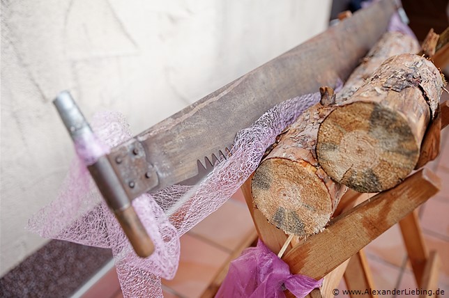 Hochzeit - Hochzeitsfeier Hochzeitsfotograf Standesamt Barleben / Robinien-Hof Gommern - gesägter Baumstamm mit Säge